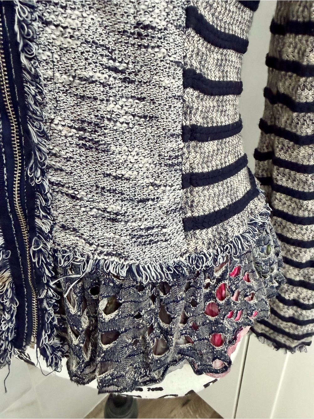 Makali Blk & Gray Zip-Front Fairycore Boho Fringe Ruffle Women's Knit Jacket - Picture 4 of 12